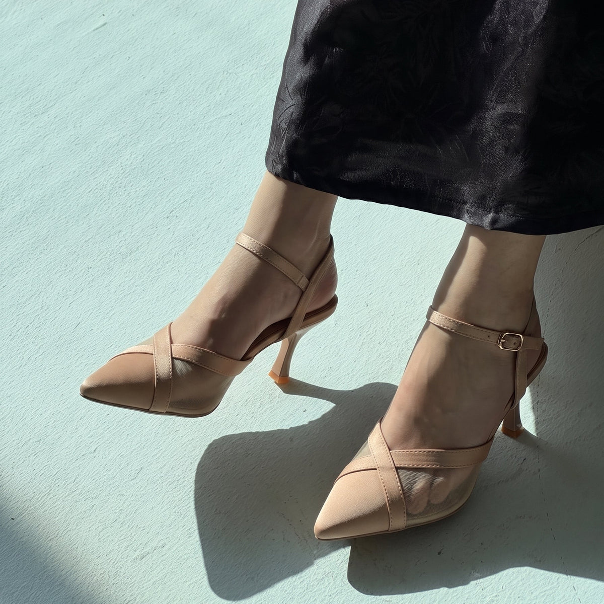 Crossline Mesh pointed toe heels for women in Pakistan with ankle strap