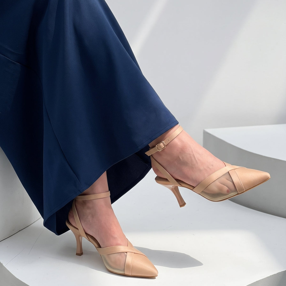 Crossline Mesh pointed toe heels for women in Pakistan with ankle strap