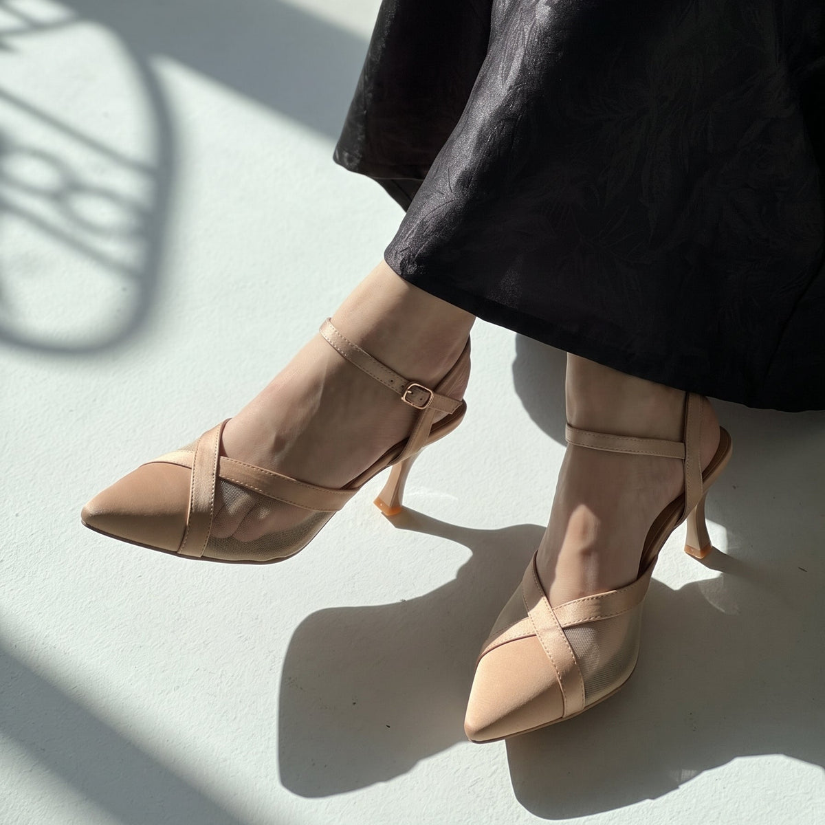 Crossline Mesh pointed toe heels for women in Pakistan with ankle strap