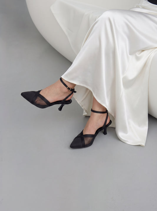 Crossline Mesh pointed toe heels for women in Pakistan with ankle strap
