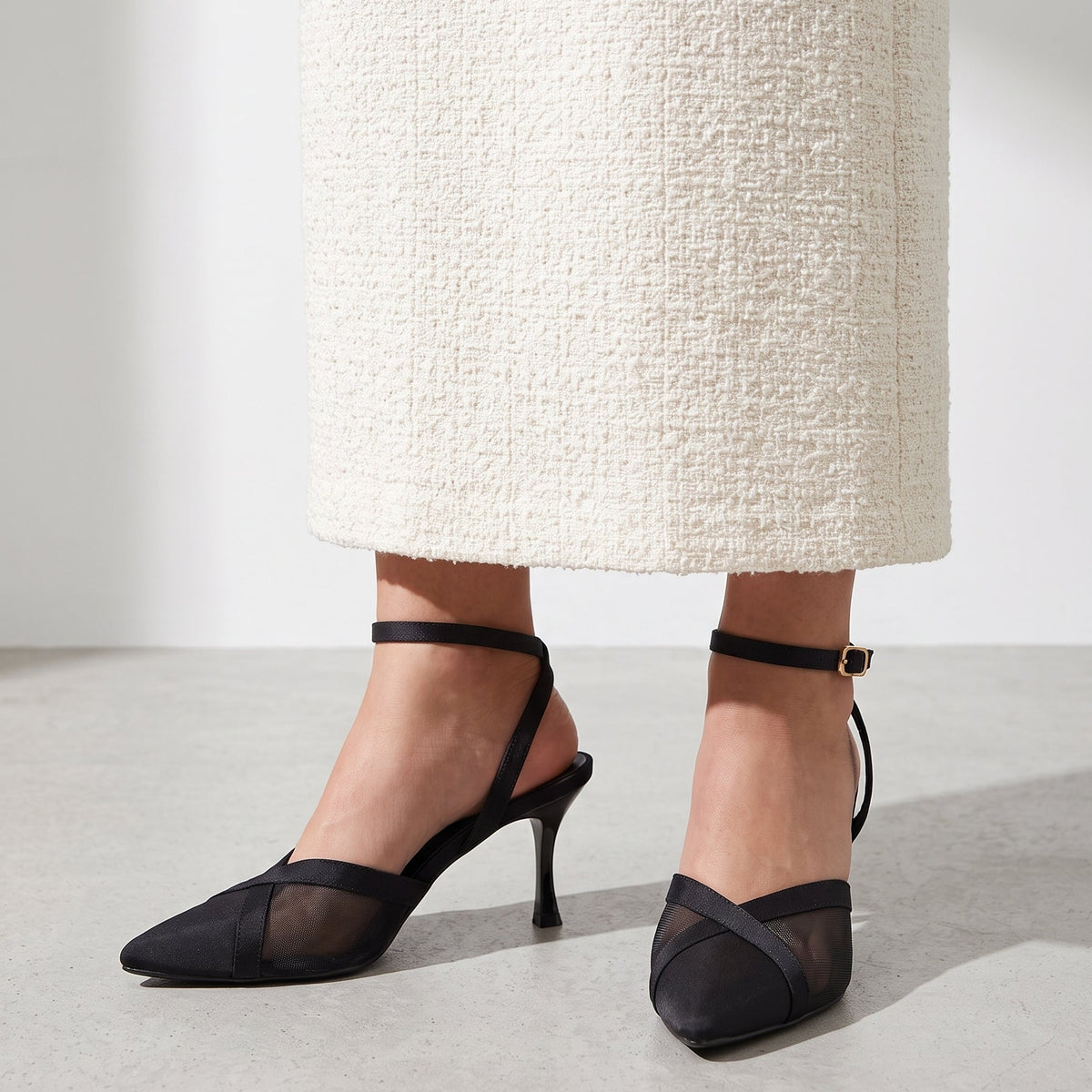 Crossline Mesh pointed toe heels for women in Pakistan with ankle strap