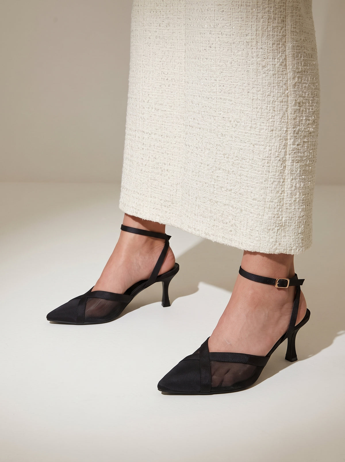 Crossline Mesh pointed toe heels for women in Pakistan with ankle strap