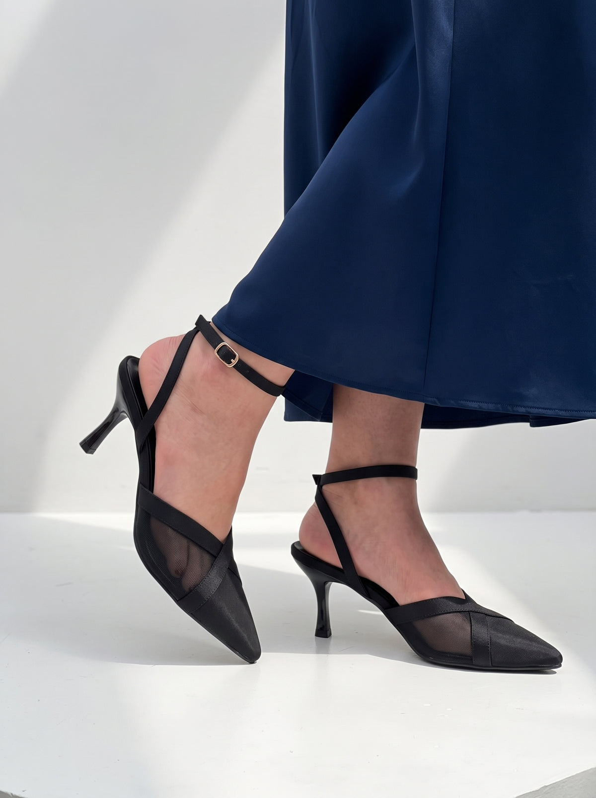 Crossline Mesh pointed toe heels for women in Pakistan with ankle strap