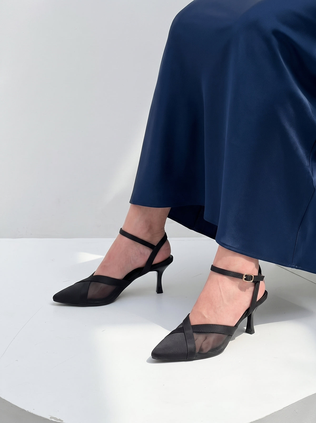 Crossline Mesh pointed toe heels for women in Pakistan with ankle strap