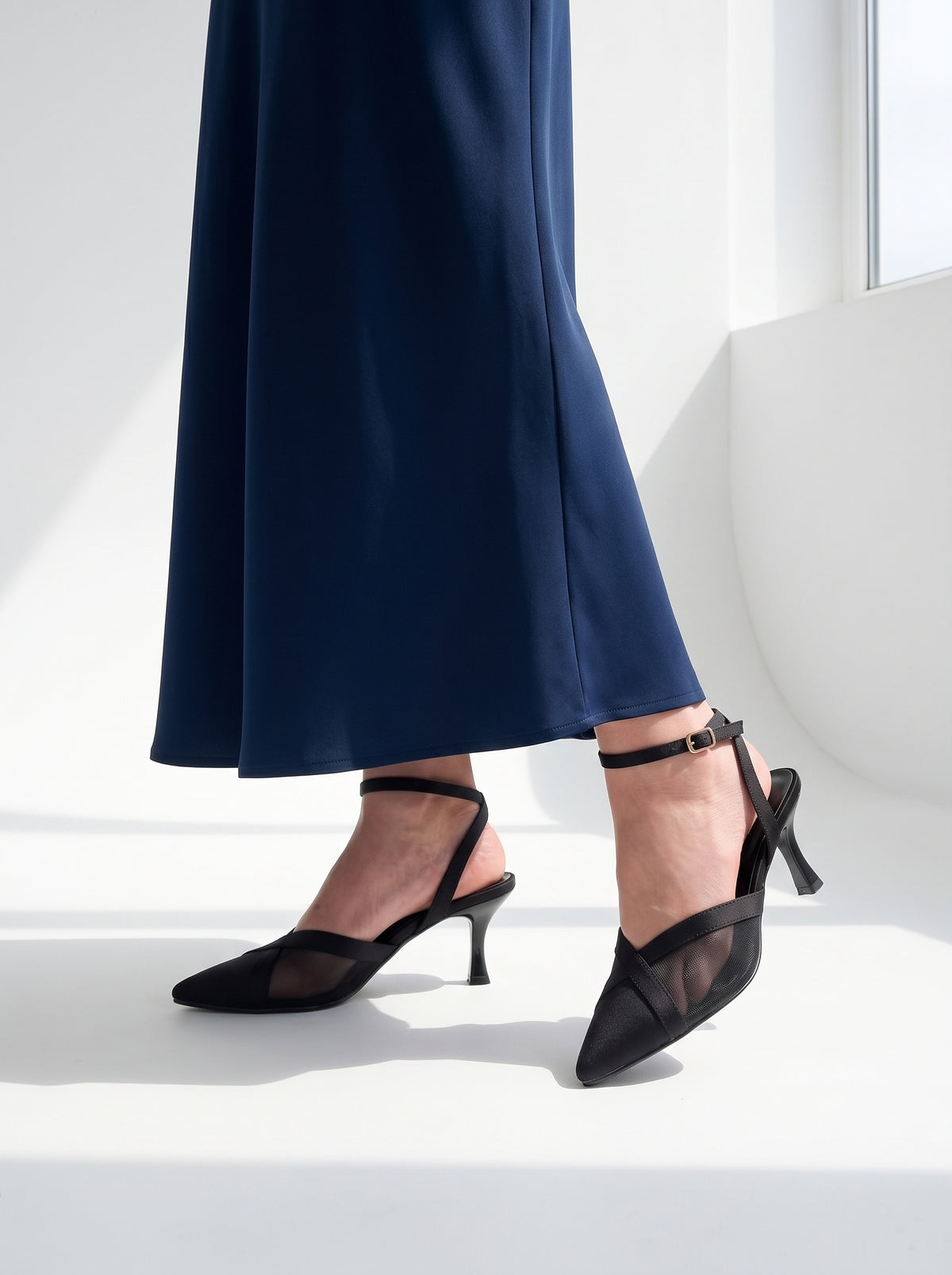 Crossline Mesh pointed toe heels for women in Pakistan with ankle strap