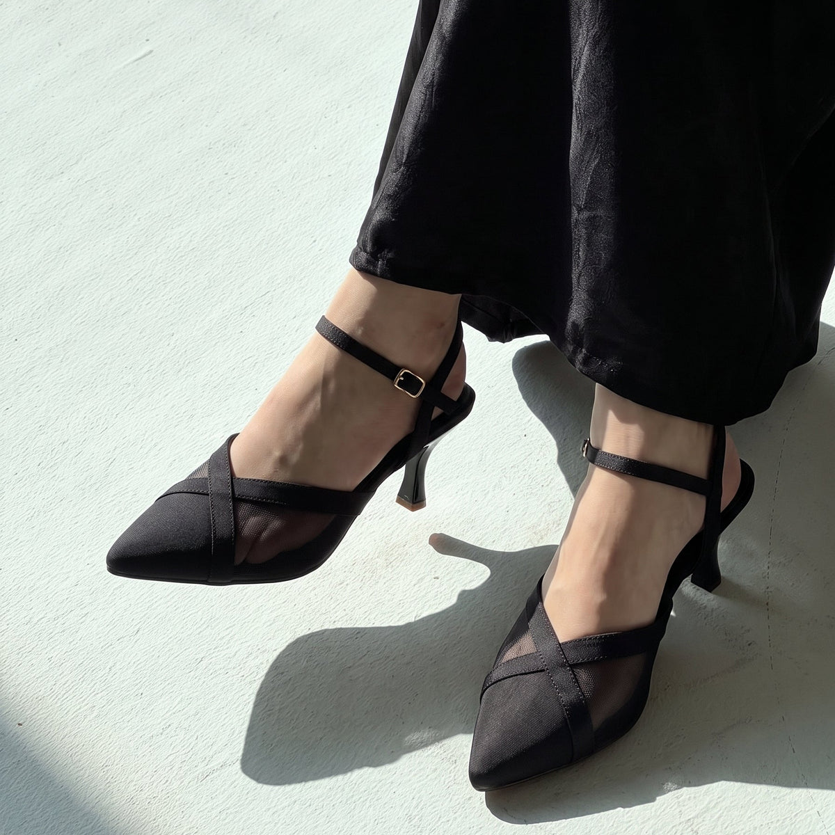 Crossline Mesh pointed toe heels for women in Pakistan with ankle strap