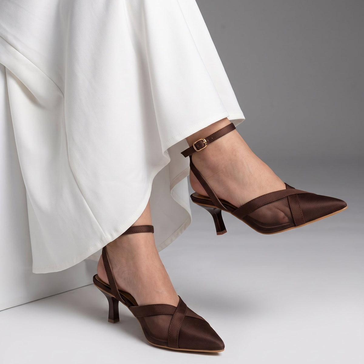 Crossline Mesh pointed toe heels for women in Pakistan with ankle strap