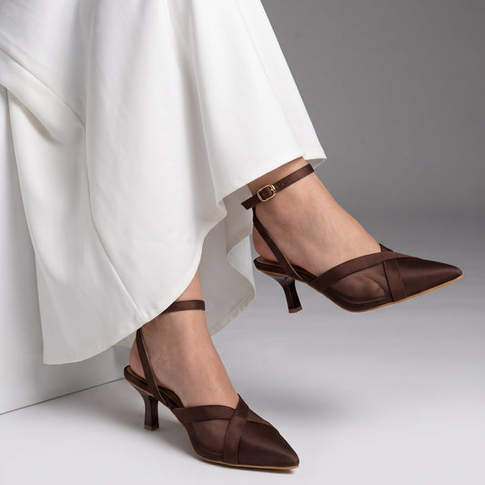 Crossline Mesh pointed toe heels for women in Pakistan with ankle strap