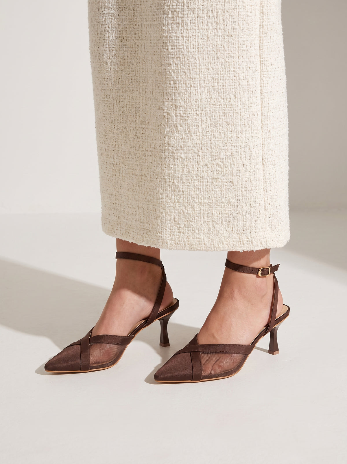 Crossline Mesh pointed toe heels for women in Pakistan with ankle strap