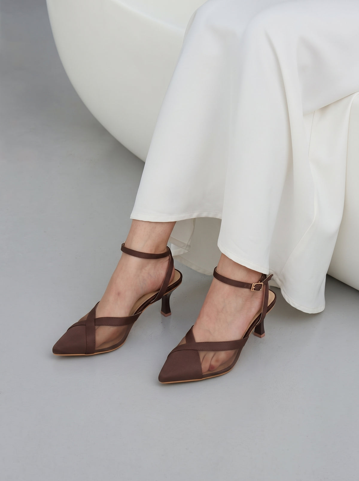 Crossline Mesh pointed toe heels for women in Pakistan with ankle strap