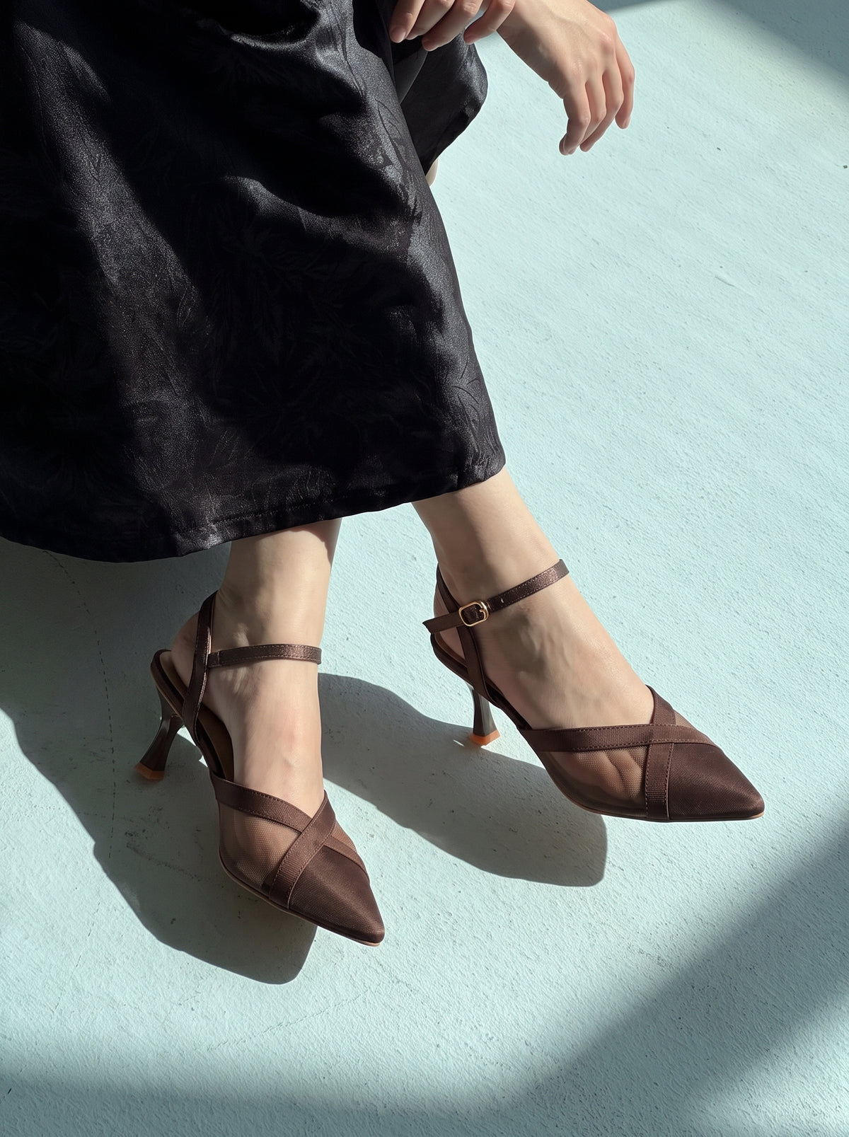 Crossline Mesh pointed toe heels for women in Pakistan with ankle strap