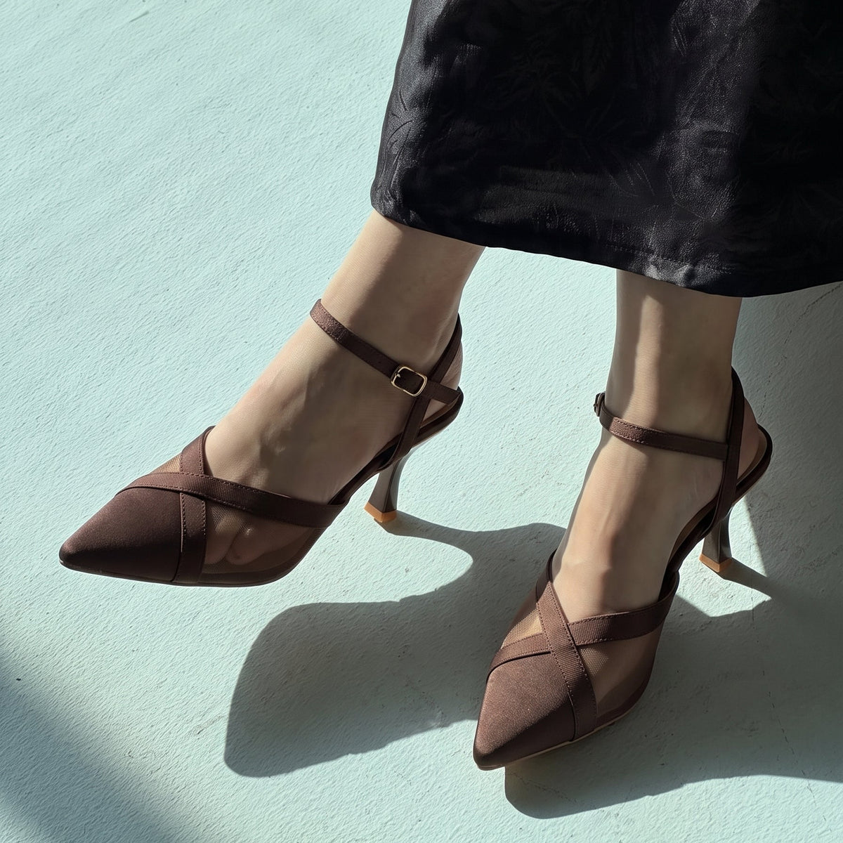 Crossline Mesh pointed toe heels for women in Pakistan with ankle strap