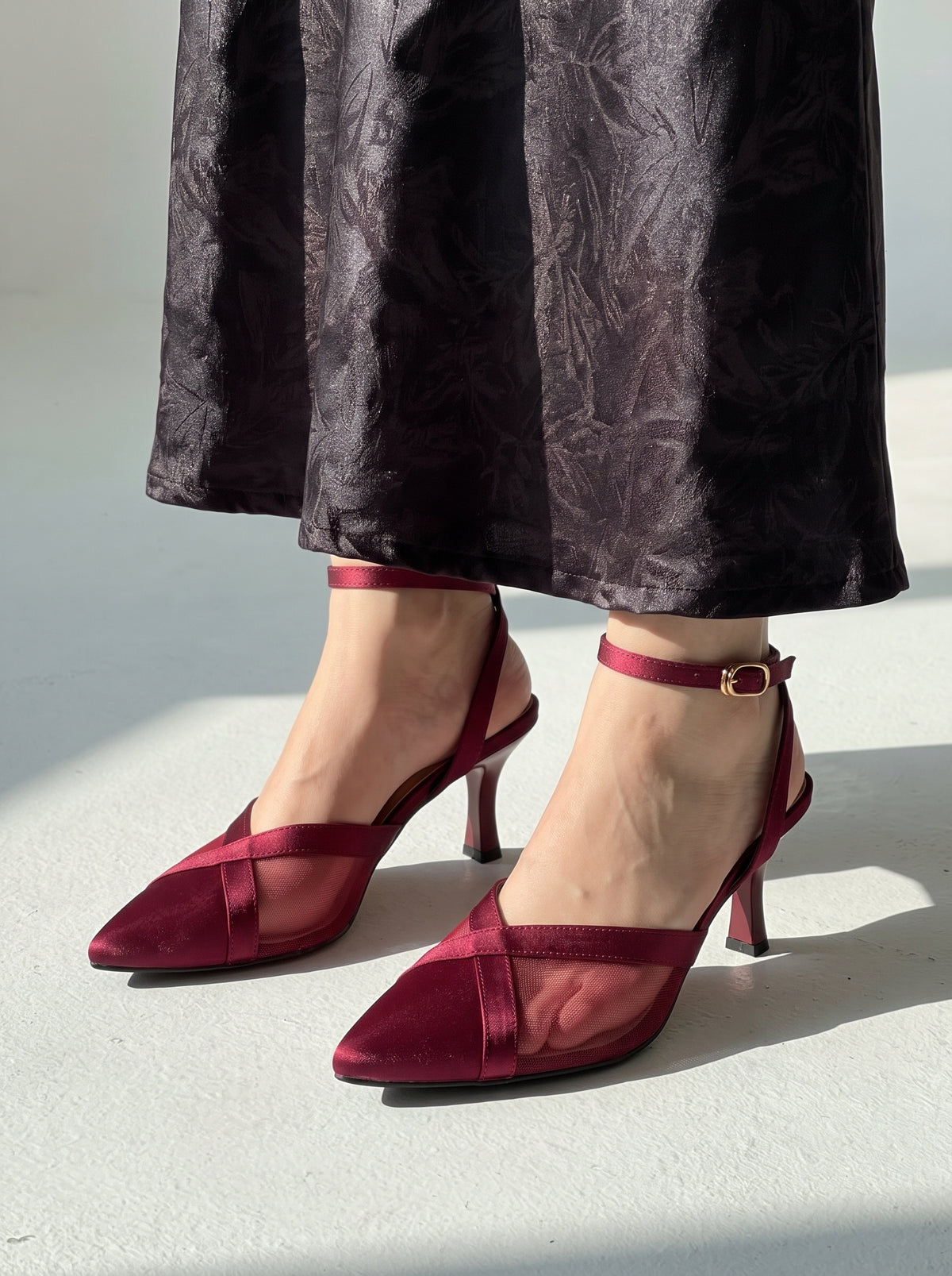 Crossline Mesh pointed toe heels for women in Pakistan with ankle strap