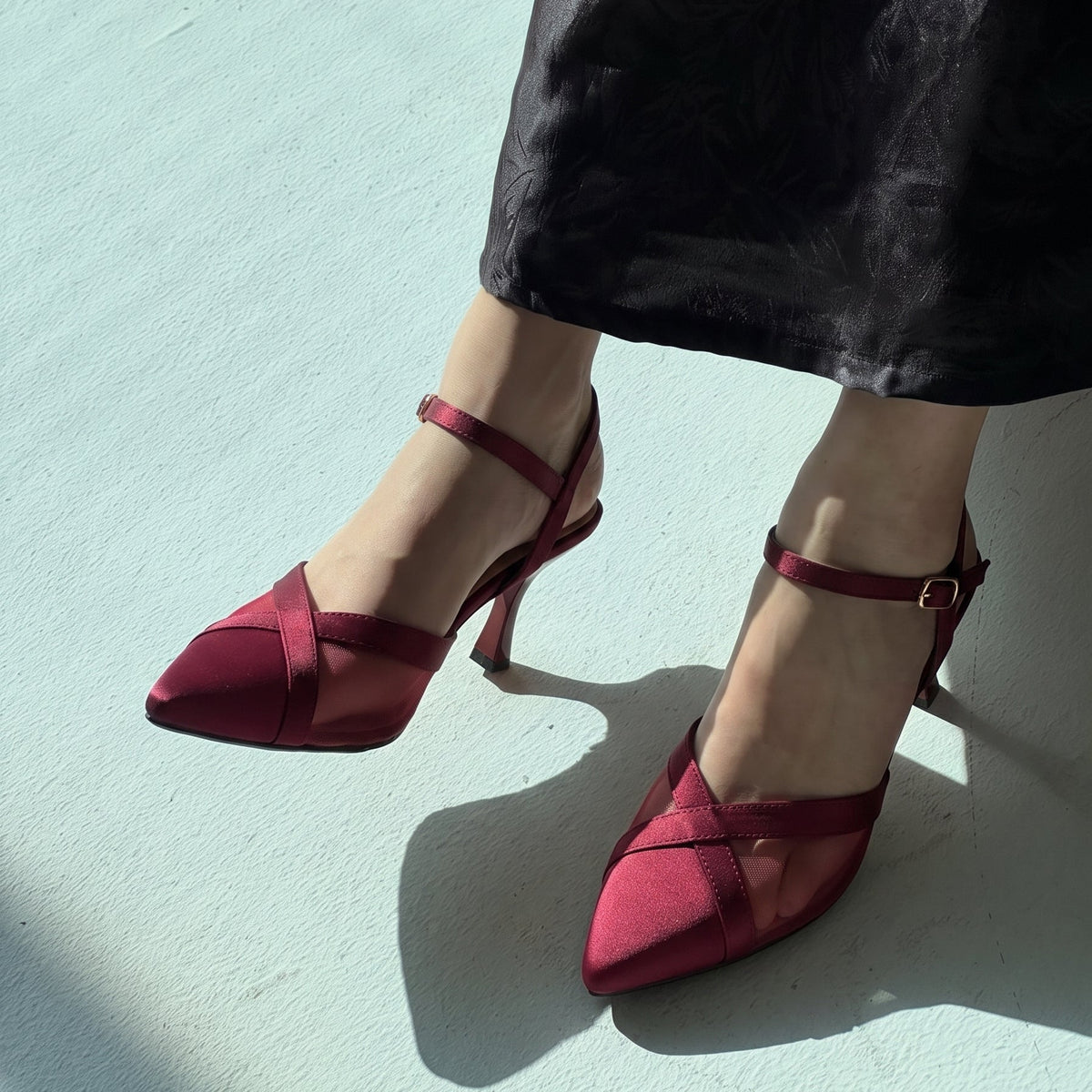 Crossline Mesh pointed toe heels for women in Pakistan with ankle strap